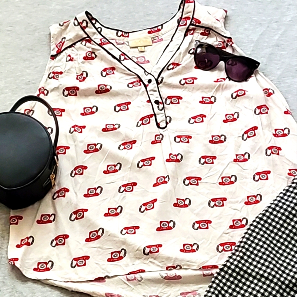 White Telephone Print Top